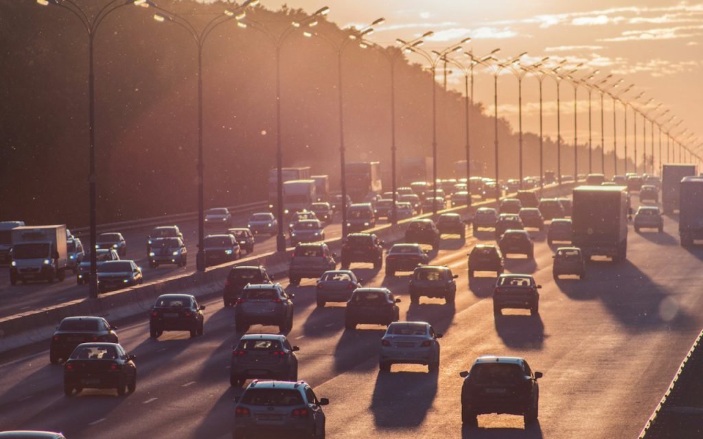 Cars backed up in heavy traffic on a city road