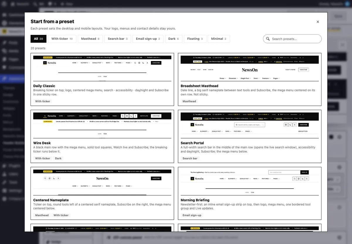 Header Builder → Presets: 20 news headers with filters and search.