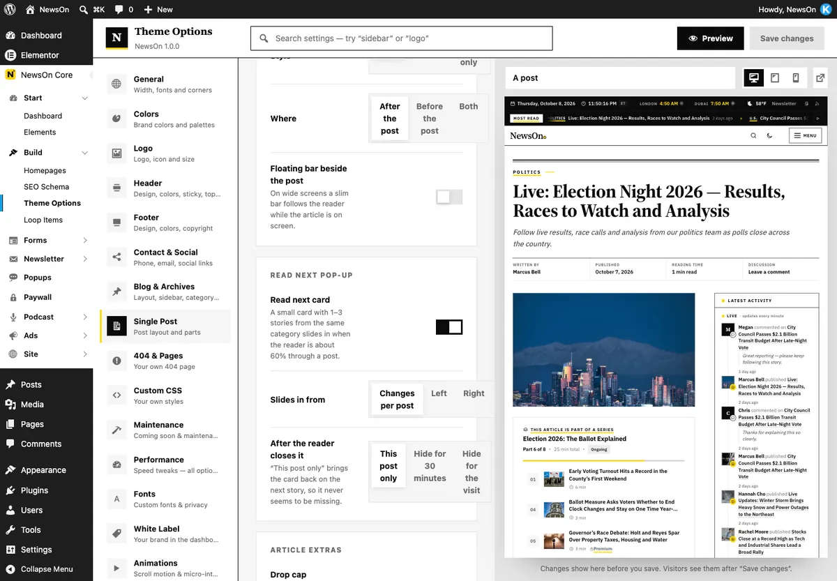 Theme Options → Single Post: Read next pop-up and Article extras.