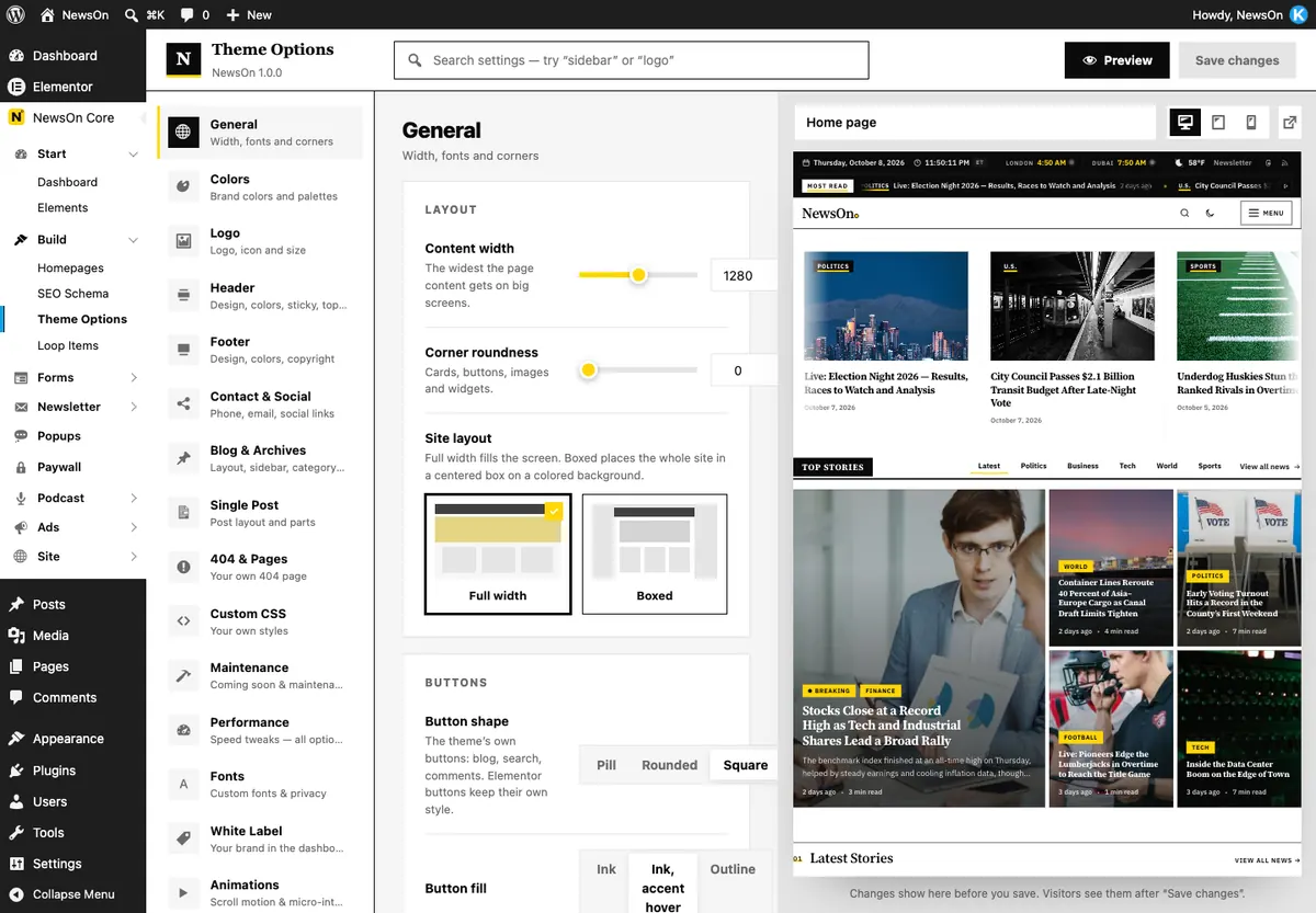 Theme Options: tabs on the left, settings in the middle, live preview on the right.