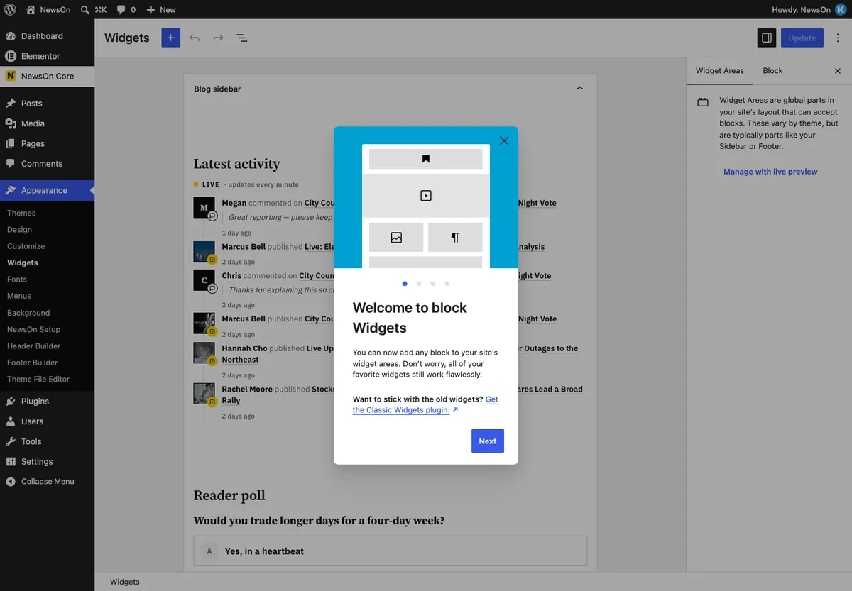 Appearance → Widgets: the Blog sidebar with the NewsOn widgets.