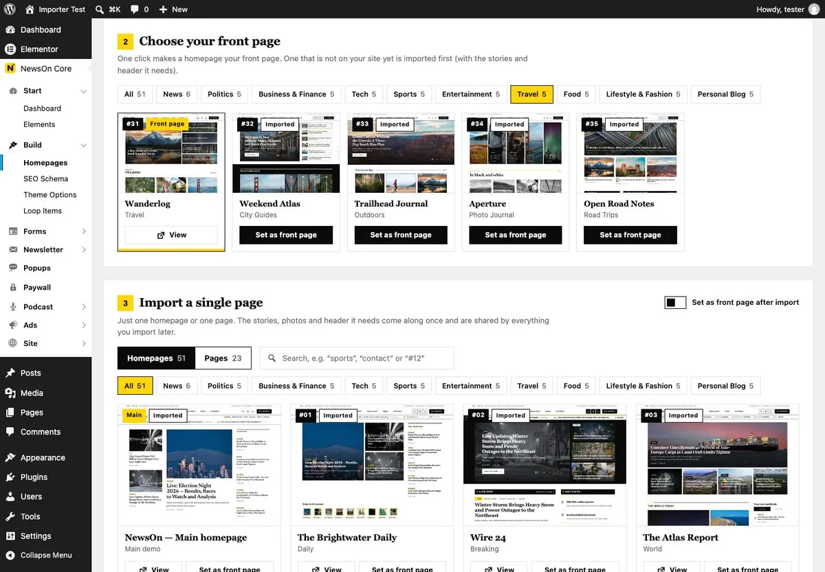 Choose your front page: one click, filtered by category.
