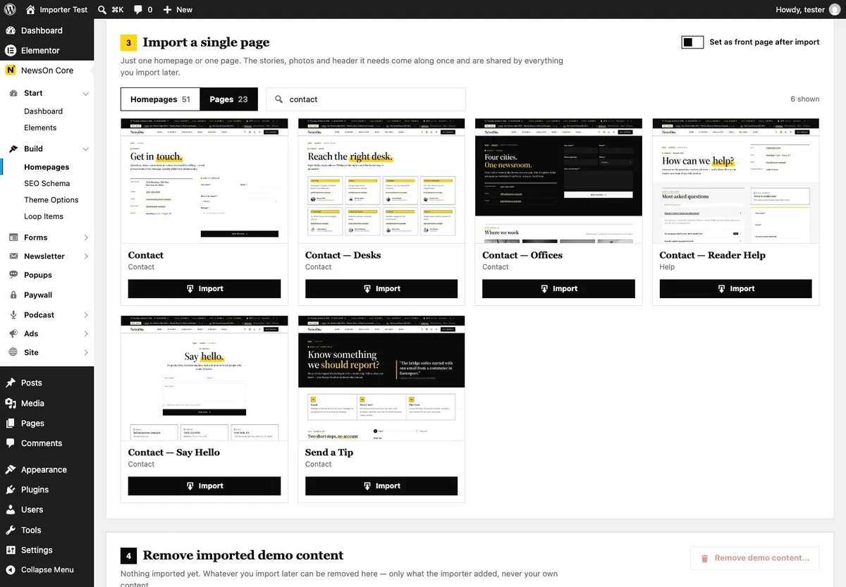 Import a single page: homepages or the main demo’s pages, with search.